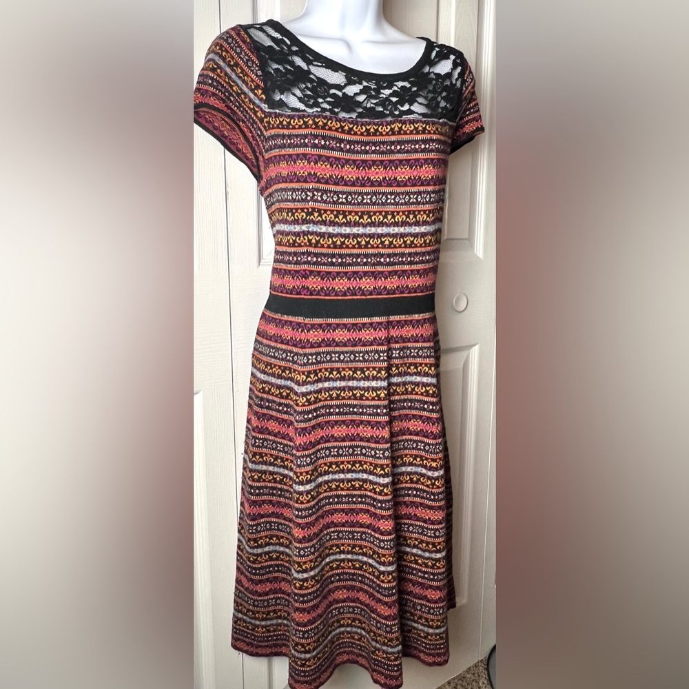 SPARROW Anthropologie Sweater Dress Boho Lace Cap Sleeve Orange Black Large - Picture 5 of 11